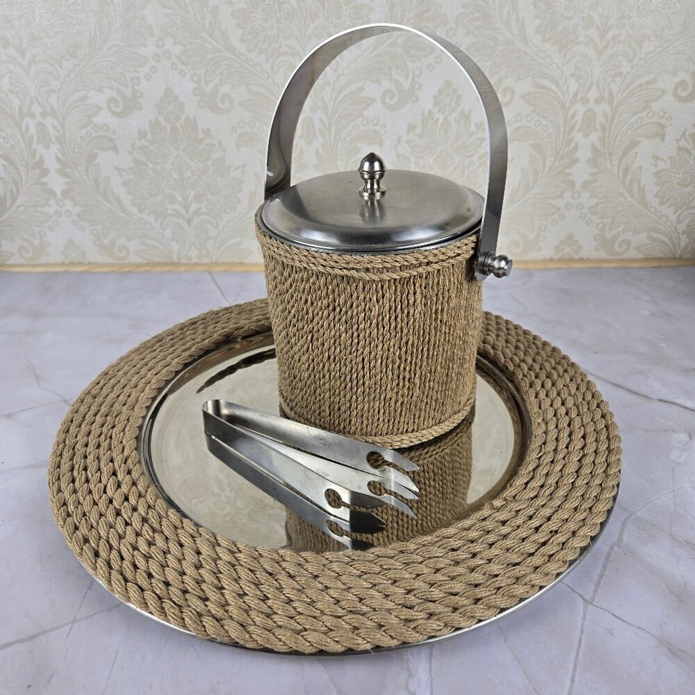 Round Tray and Ice Bucket w/ Tongs Aluminum Rope Covered Serving Set Decor